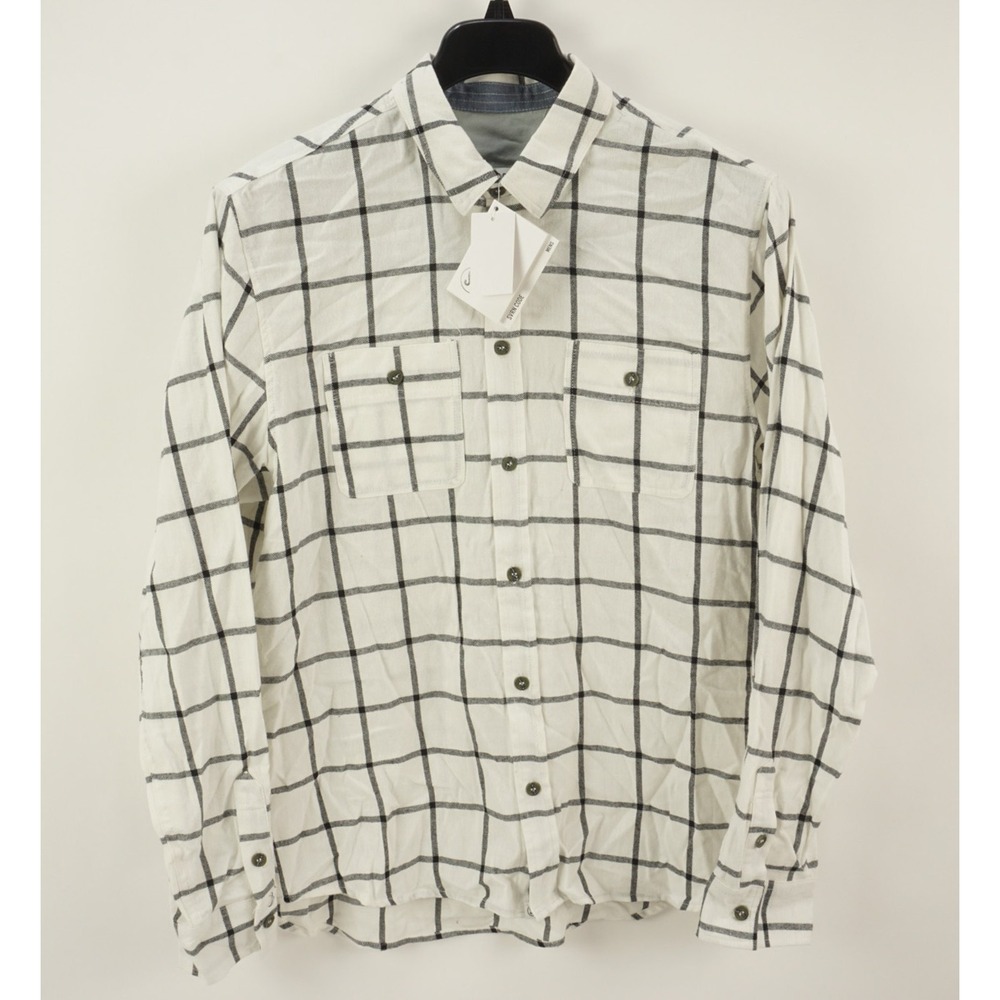 New Sovereign Code Men's Medium Ivory Navy Blue Check Flannel Button Up Shirt